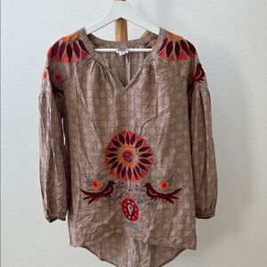 Ivy Jane Brown Blouse with Red Embroidery